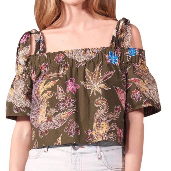 SANDRO*Green Jungle Print Off Shoulder Crop Top - Picture 2 of 2